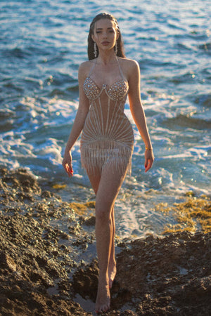 Taş Detaylı Püsküllü Mini Elbise