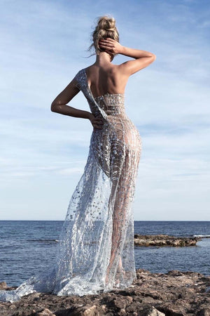 Parıltılı Pullu Yırtmaçlı Uzun Elbise