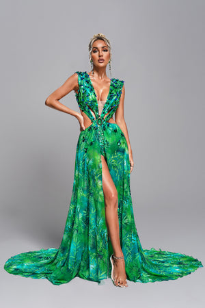 Maxi length Yoland Printed Embellished Dress with a backless design.