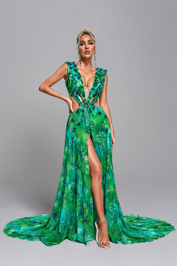Maxi length Yoland Printed Embellished Dress with a backless design.
