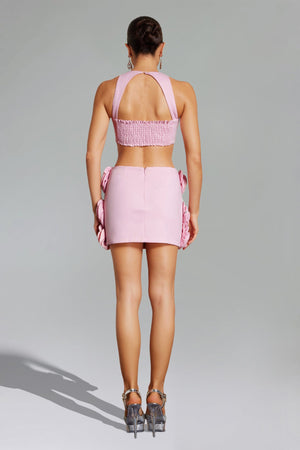 Ezgi Çiçek Desenli Halter Yaka Mini Etek Seti - Pembe
