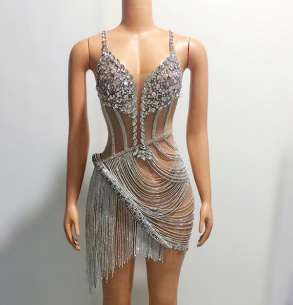 Miriam V Yaka Taş Püsküllü Mini Elbise