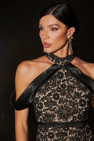 Tereza Dantel Bandaj Halter Yaka Midi Elbise