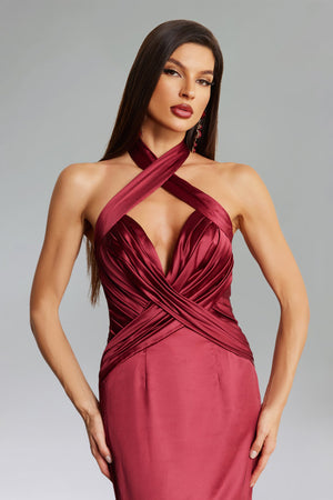 Halter Yaka Pileli Saten Maxi Elbise