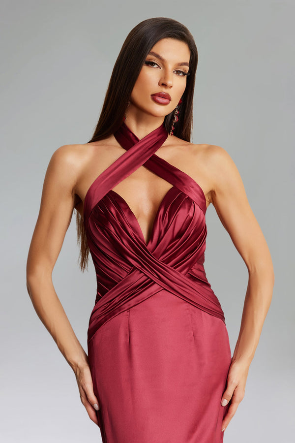 Halter Yaka Pileli Saten Maxi Elbise