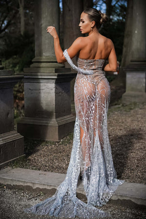 Omuzu Açık Pullu Tül Maxi Elbise