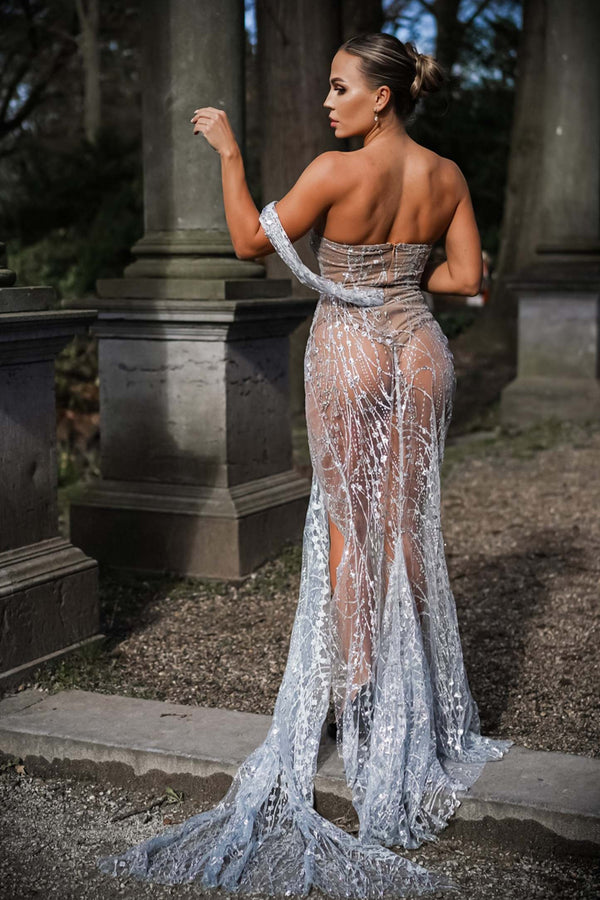 Omuzu Açık Pullu Tül Maxi Elbise