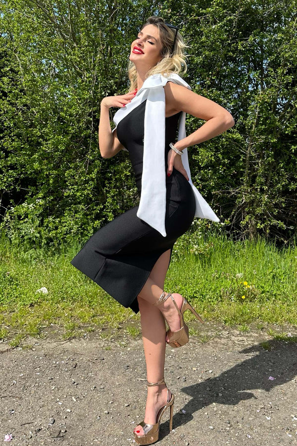 Siyah Tek Omuz Midi Bandaj Elbise