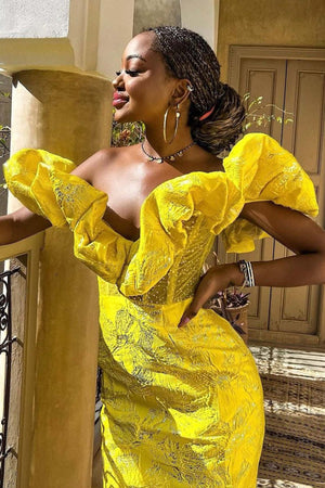 Sarı Jakarlı Omuzsuz Midi Elbise