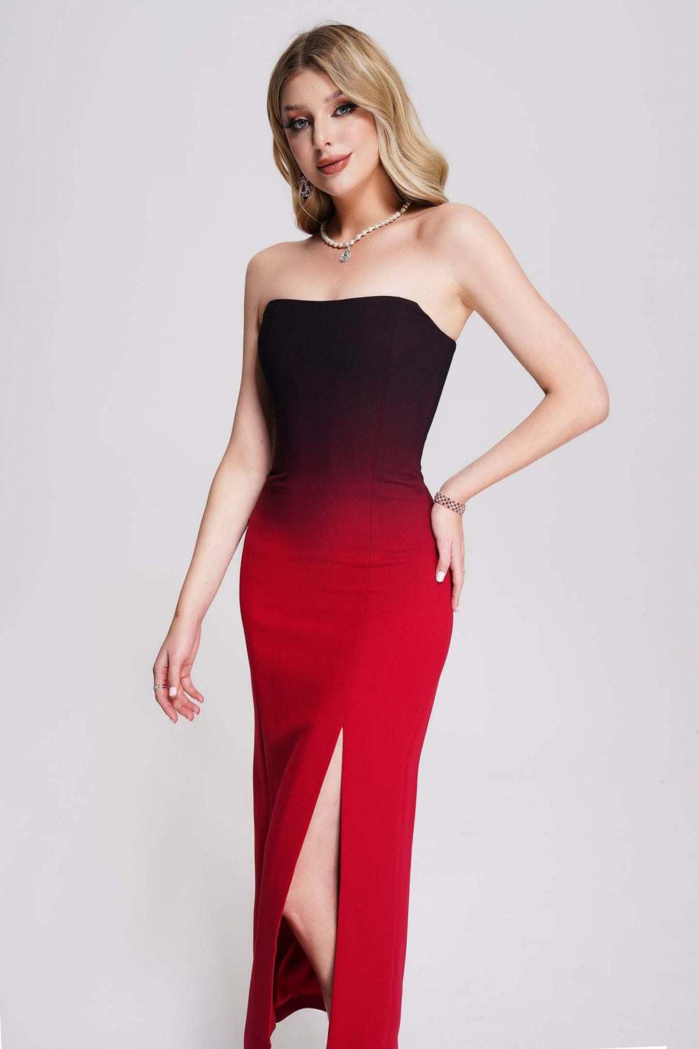 Masaka strapless side-slit maxi dress in stretchy bandage material