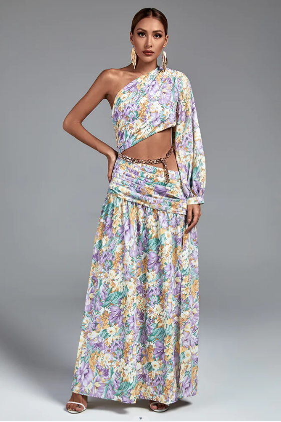 Tek omuz çiçek desenli yırtmaçlı mor maxi elbise