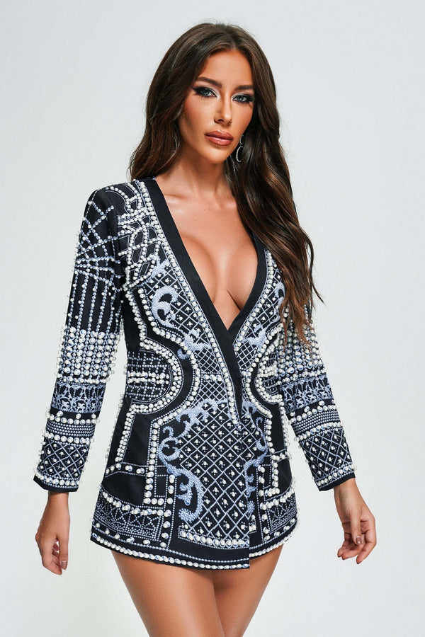 İnci Detaylı Beyaz Blazer Elbise