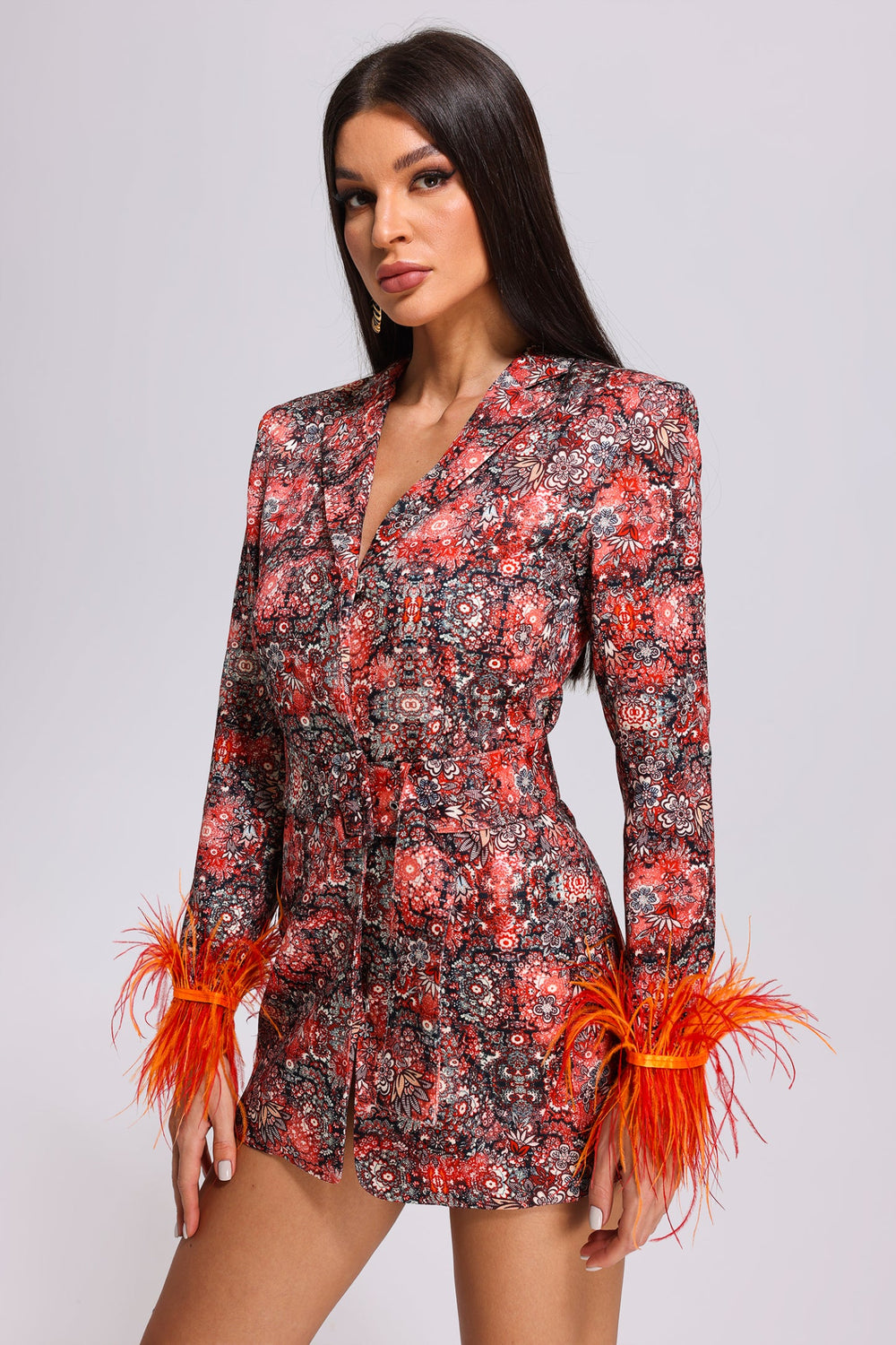 Tüy desenli polyester blazer elbise, Paula modeli.