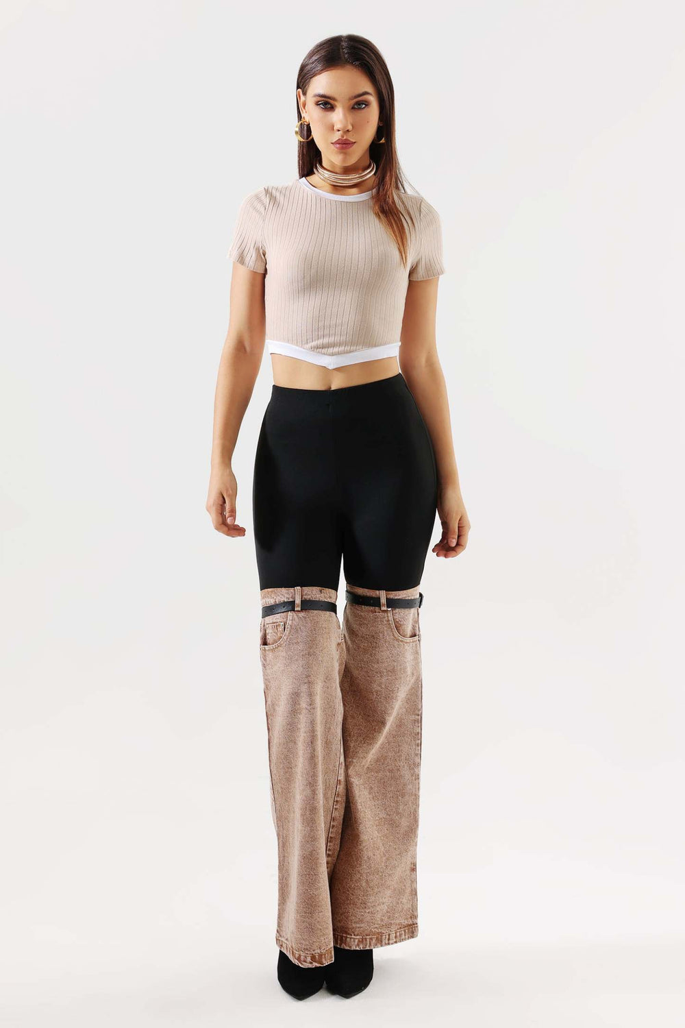 Örgü detaylı Iana üst, polyester ve spandex karışımı, bakım talimatlarıyla