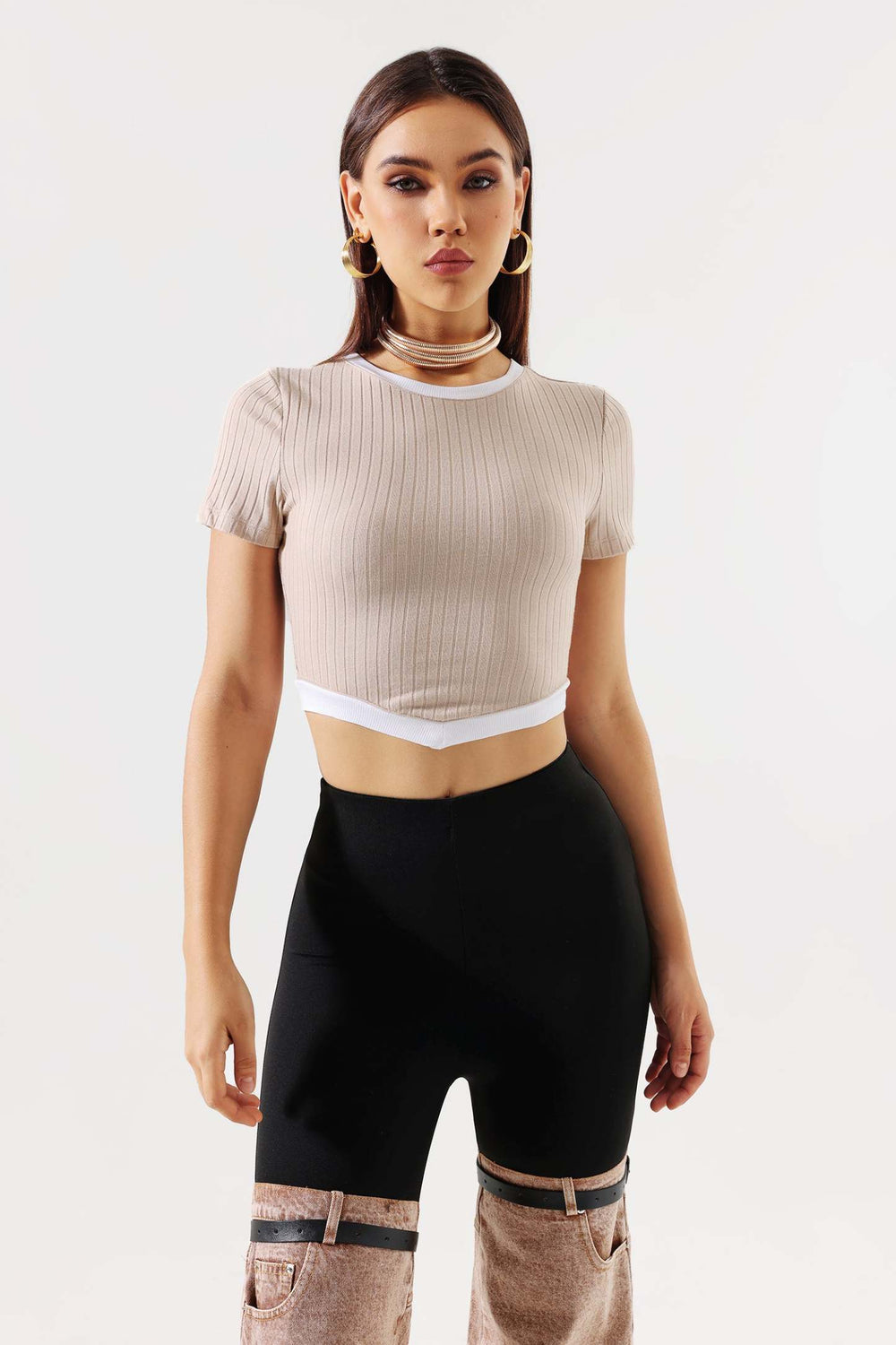 Örgü detaylı Iana üst, polyester ve spandex karışımı, bakım talimatlarıyla