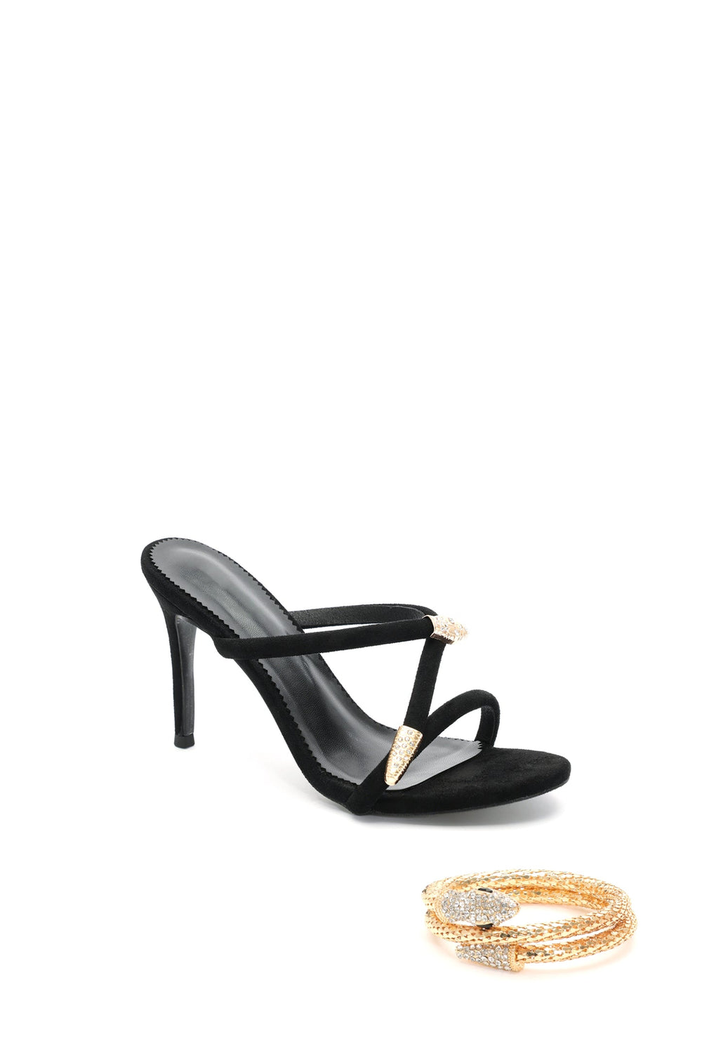 Metalik poli taş işlemeli stiletto sandalet, süperfiber polyester üst.