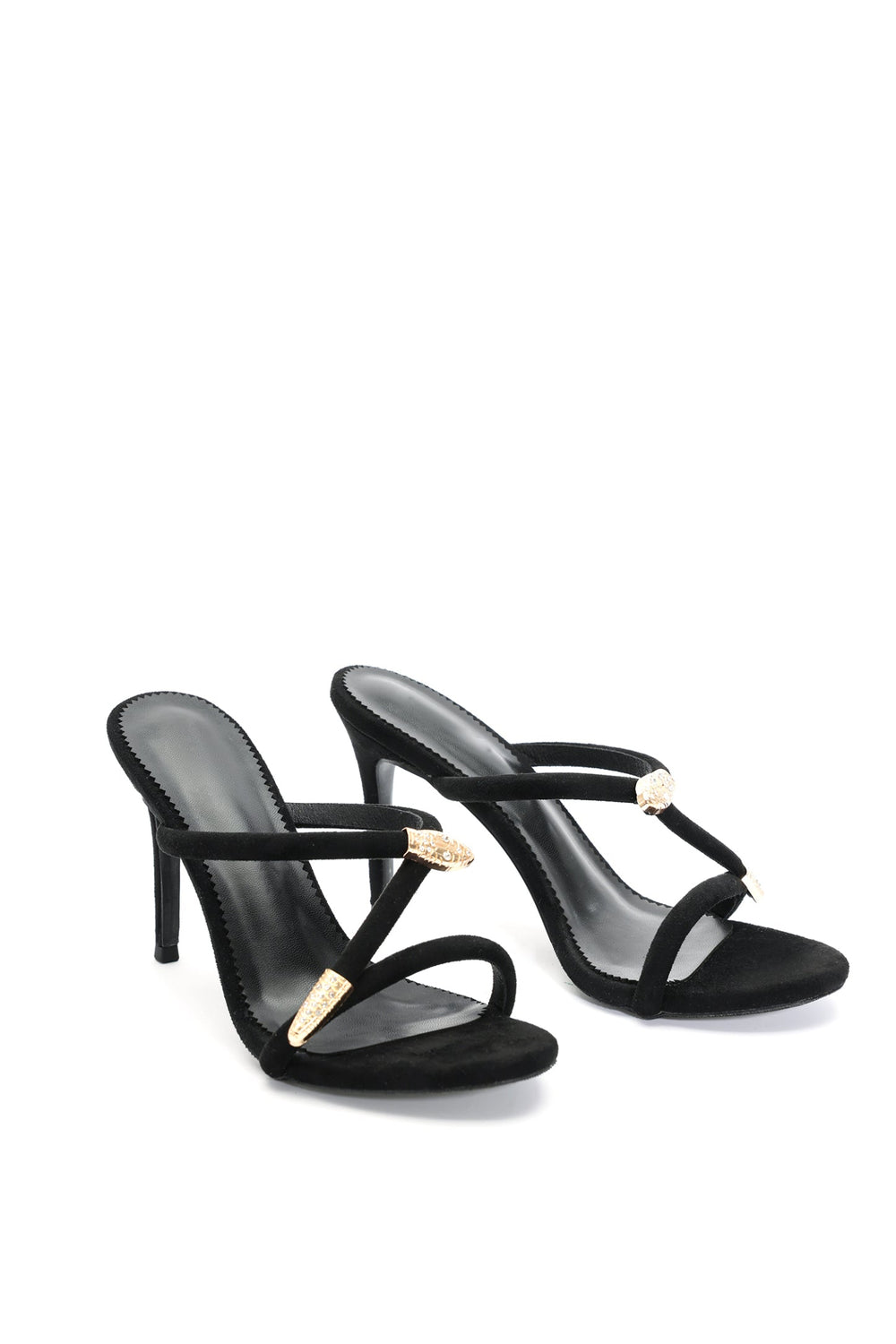 Metalik poli taş işlemeli stiletto sandalet, süperfiber polyester üst.