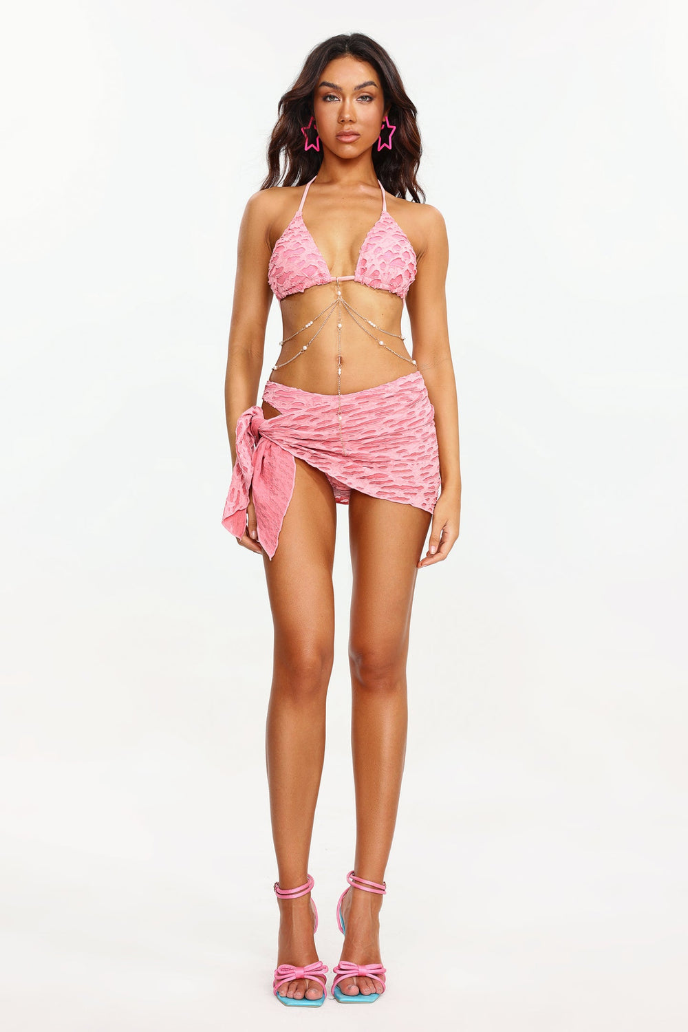 Zincir detaylı üç parça bikini takımı, polyester ve spandex karışımı