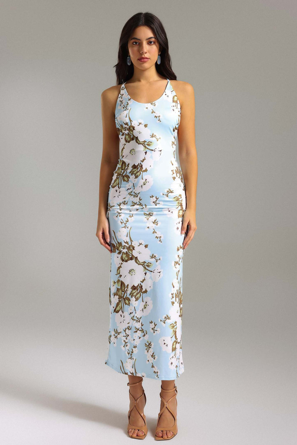 Mavi baskılı polyester halter yaka elbise