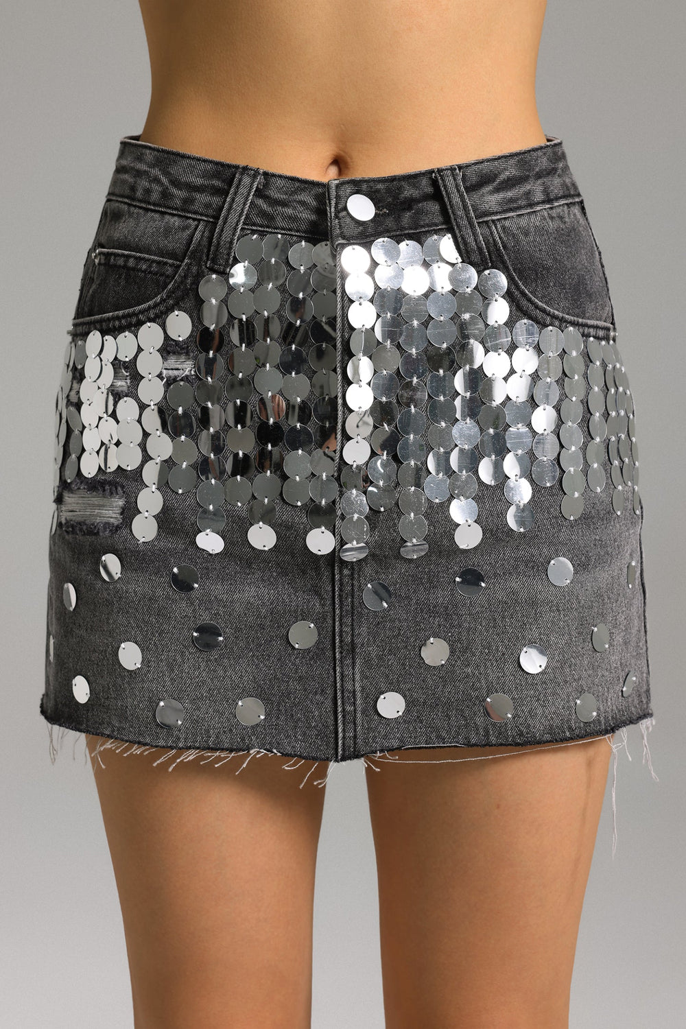 Payetli denim kot mini etek, mavi renkli