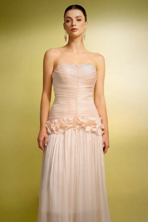 Ronja Kolsuz Çiçek Desenli Kırışık Maxi Elbise