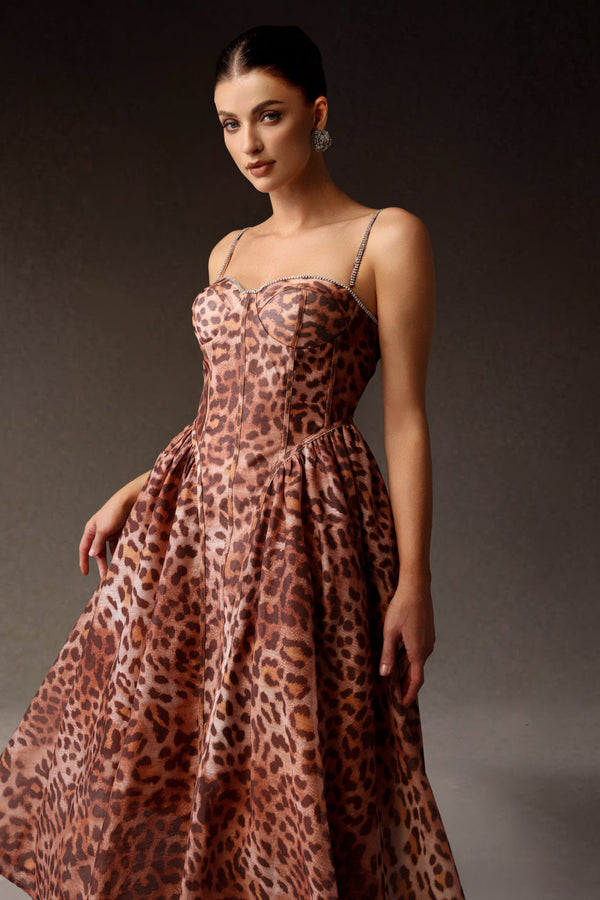 Zaroe Taş Detaylı Leopar Desen Midi Elbise