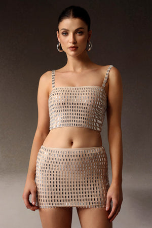 Derza taş detaylı kolsuz mini ikili takım, gri renkli