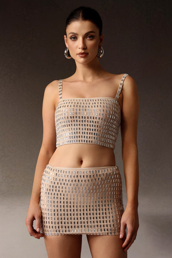 Derza taş detaylı kolsuz mini ikili takım, gri renkli