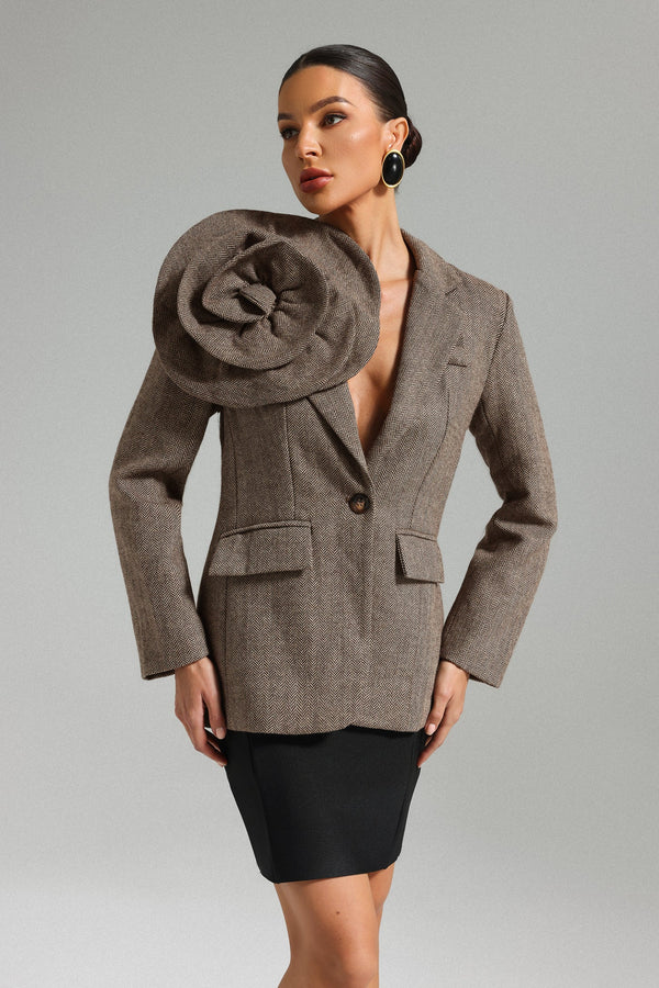 Kahverengi sada çiçek desenli blazer ceket