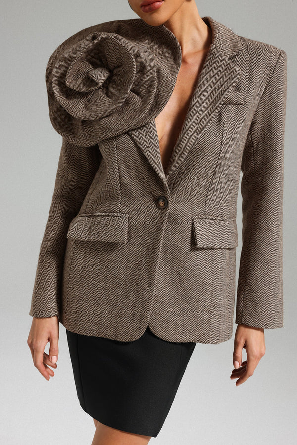 Kahverengi Sada Çiçek Desenli Blazer