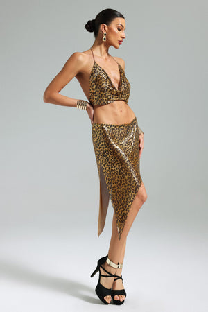 Mauris Leopar Desenli Metal Halter Etek Takımı
