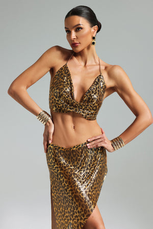 Mauris Leopar Desenli Metal Halter Etek Takımı