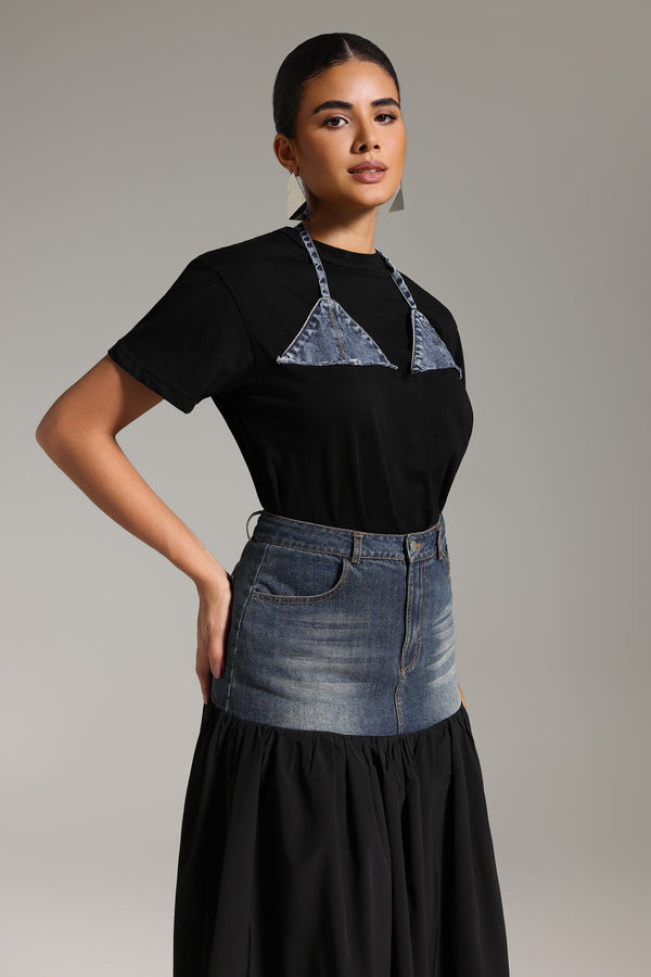 Patchwork Desenli Denim İkili Takım
