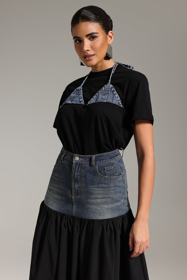 Patchwork Desenli Denim İkili Takım