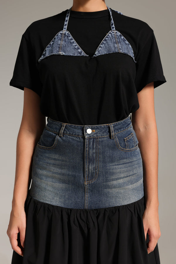 Patchwork Desenli Denim İkili Takım