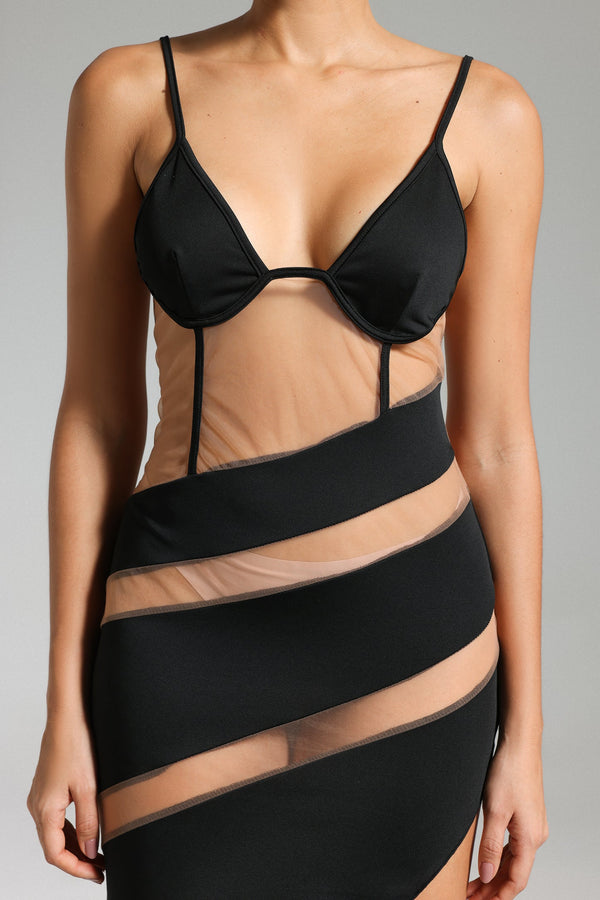 Livana Halter Yaka Patchwork Mesh Elbise