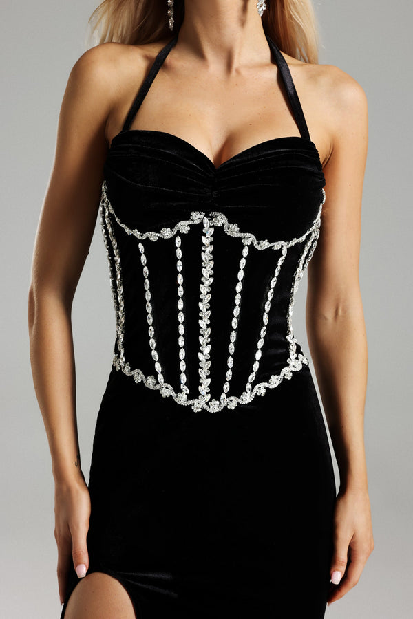 Persasy Kadife Halter Yaka Taş Detaylı Yırtmaçlı Elbise