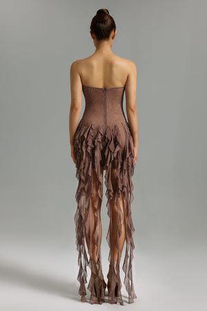 Kylli Taş Detaylı Volanlı Fileli Mini Elbise