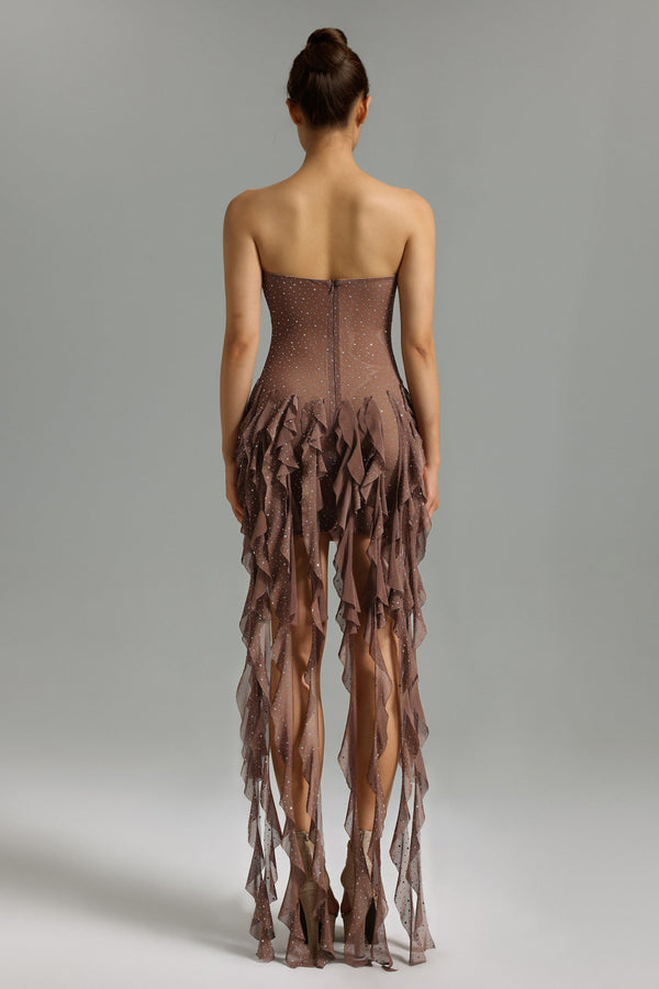 Kylli Taş Detaylı Volanlı Fileli Mini Elbise