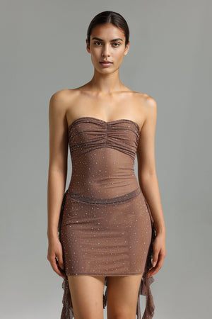 Kylli Taş Detaylı Volanlı Fileli Mini Elbise