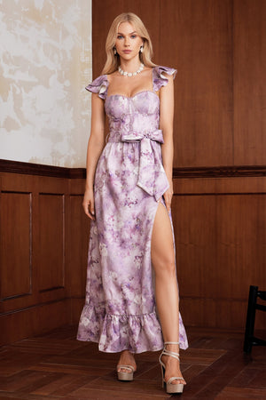 Uzun, çiçek desenli Viera elbise, polyester kumaştan.