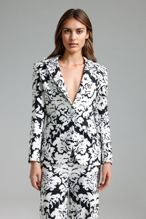 Siyah Telka Çiçek Desenli Blazer Takım