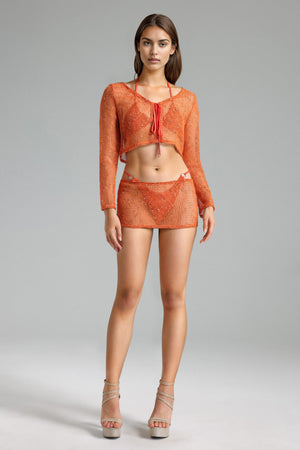 Turuncu örgü bikini dört parça set, plaj için uygun