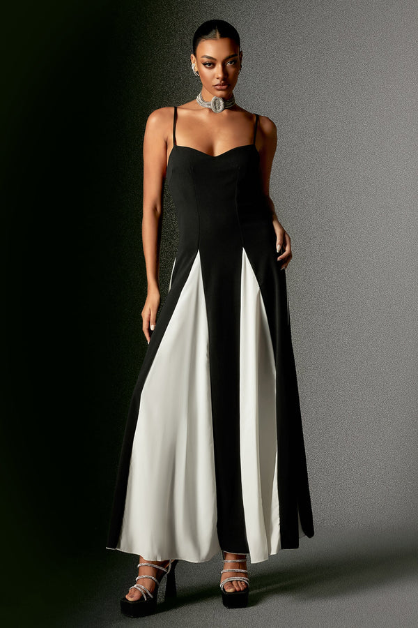 Nikki Halter Yaka Siyah Beyaz Patchwork Midi Elbise
