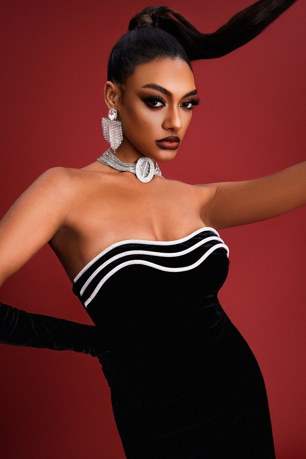 Strapless Fifer Tube Bandage Midi Dress, body-hugging and sleek.