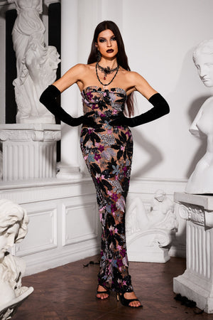 Strapless Vivian floral sequins maxi dress, colorful and elegant.