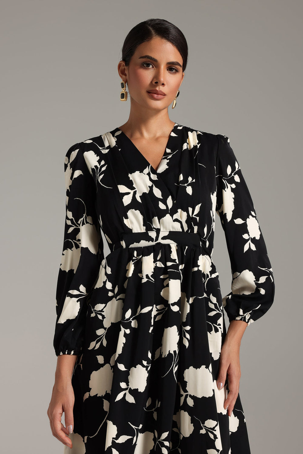 Saniyah desenli maksi elbise, polyester kumaşlı