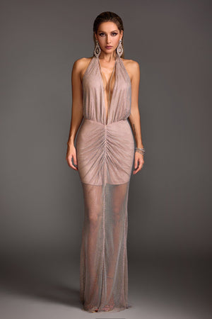 Derin V Yaka Payetli Sırt Dekolteli Uzun Elbise