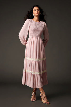 Yuvarlak yaka uzun kollu dantel maxi elbise, polyester fabric.