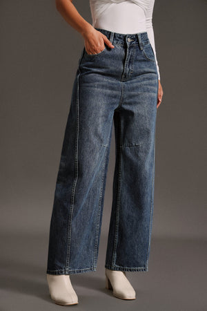 Elena düz kesim geniş paça kot pantolon, yüksek pamuk oranlı